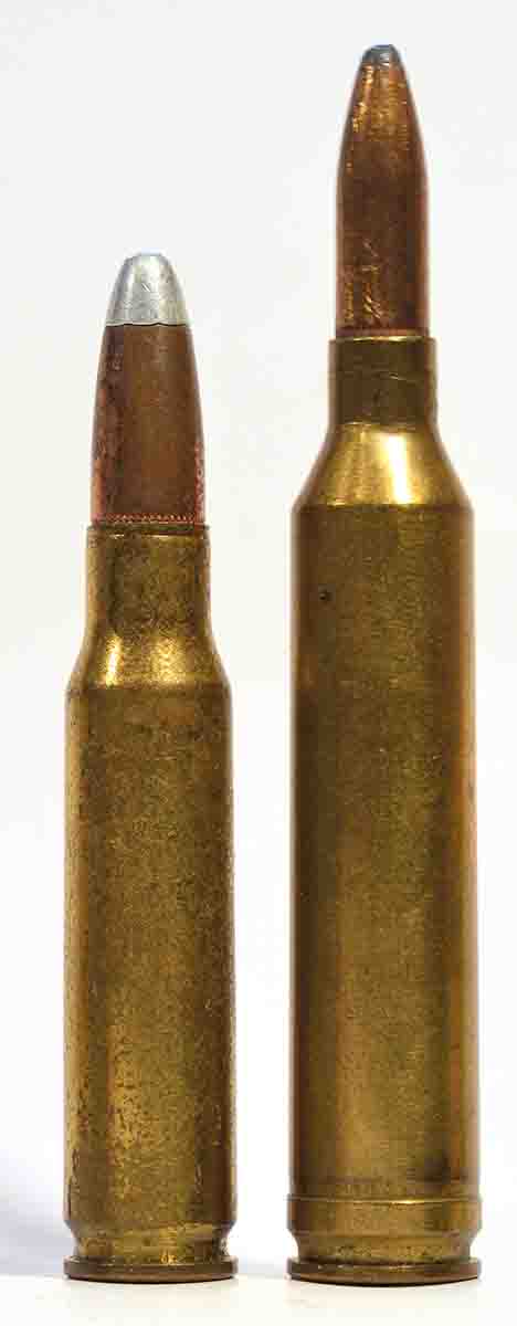 An original .308 Winchester Silvertip (left) from the 1960s is shown beside a .264 Winchester Magnum of the same era. The idea of chambering identical rifles for both of these cartridges seemed absurd – and it was.